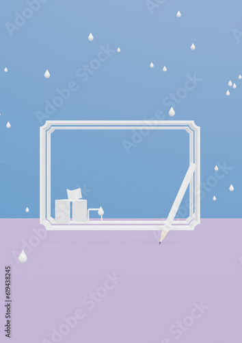 机と椅子のある雨降りの立体フレーム(ブルー×パープル)