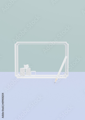 机と椅子のある立体フレーム(ブルー×グリーン)