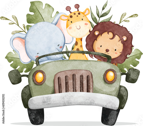 Watercolor illustration safari animals in jeep
