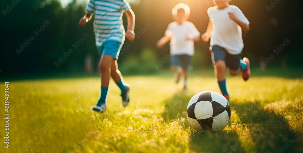 Fototapeta premium Kids soccer football - young children players match on soccer field. Banner