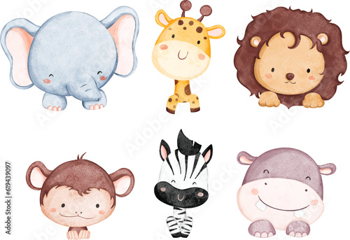 Watercolor Illustration set of safari animal heads © Stella