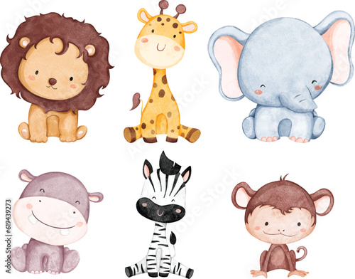 Watercolor Illustration set of safari animals