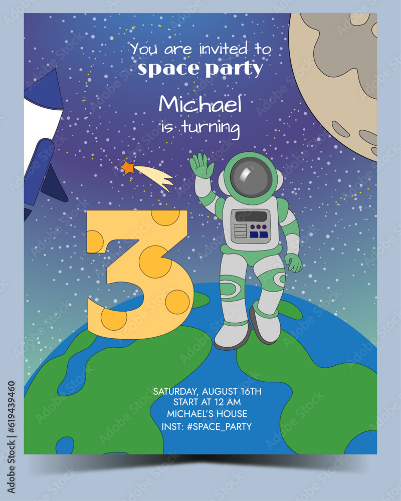 Fototapeta Template Children s Birthday Invitation 3 Years In Space