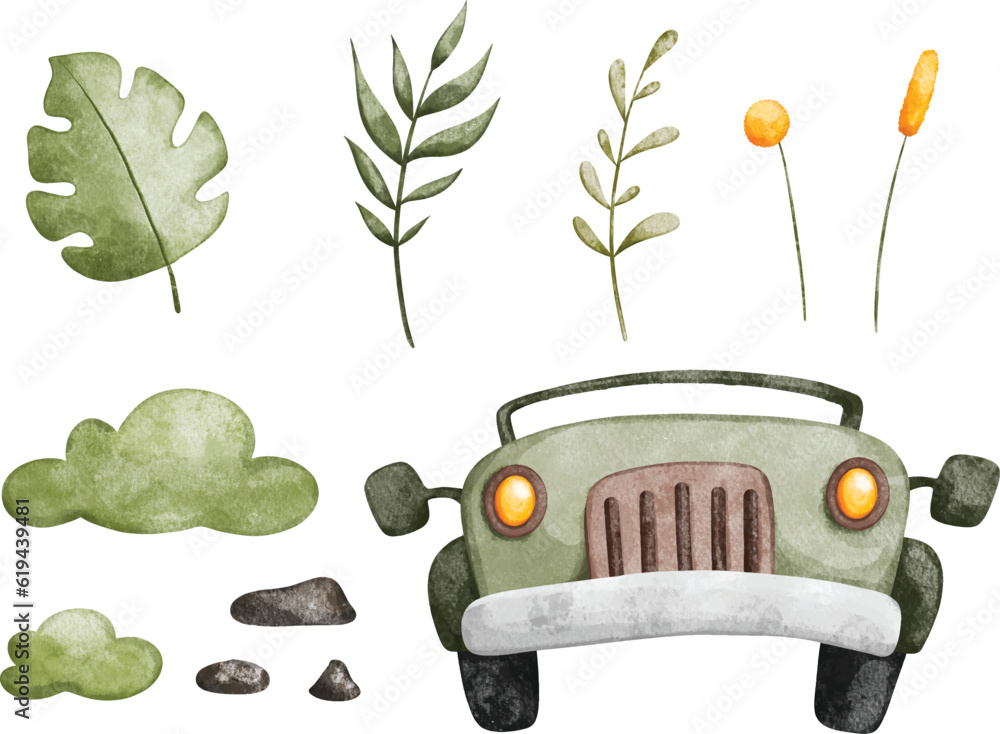 Watercolor Illustration set of tropical leaves and safari jeep - obrazy, fototapety, plakaty 
