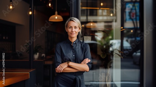 A confident female small business owner in front of a stylish coffee shop