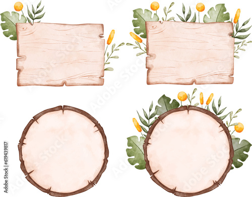 Watercolor Illustration set of wooden board with tropical leaves