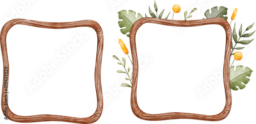 Watercolor Illustration set of wooden frame with tropical leaves