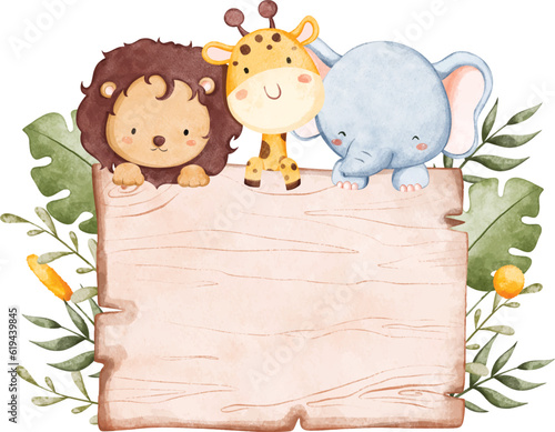 Watercolor illustration wooden board with safari animals