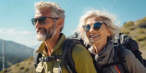hiking mature senior couple with sunglasses and backpacks smiling and enjoying mountain active travel lifestyle. generative ai