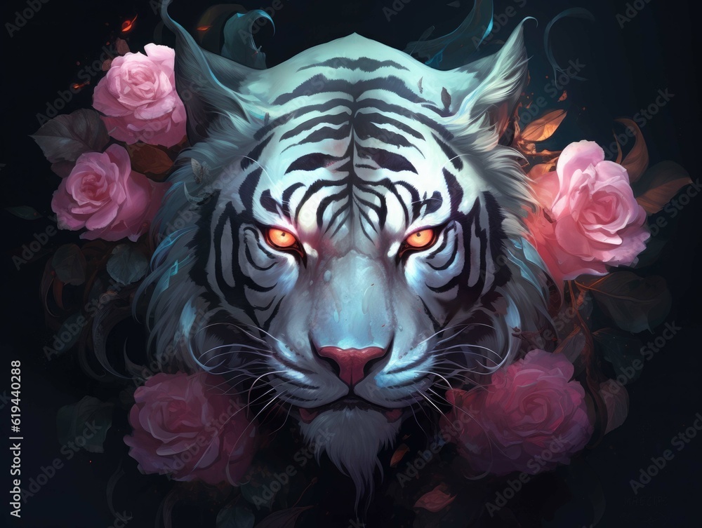 Tiger and roses. Digital art. Generative AI.