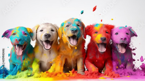 multicolored paint dogs. Generative AI. spectrum, symbol of creativity, fantasy, isolated on a white background