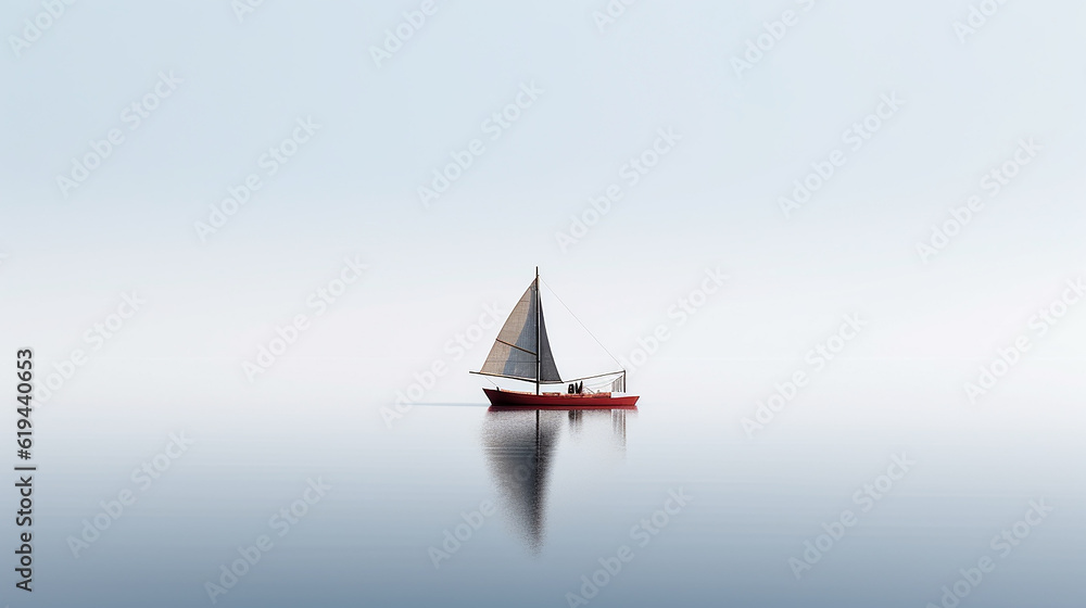 lonely sailing boat at sea minimalism style posters. the atmosphere is a dream. Generative AI