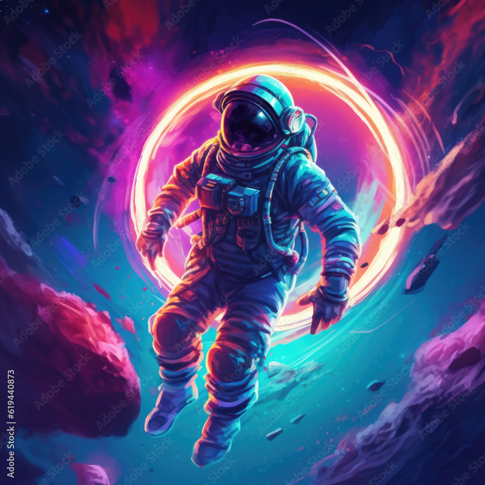 Soaring astronaut on a colored background. Digital art. Generative AI. Soaring astronaut on a colored background. Digital art. Generative AI.