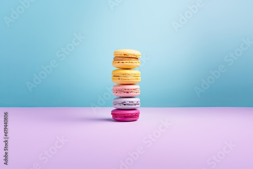 a stack of colorful macarons on a pastel background