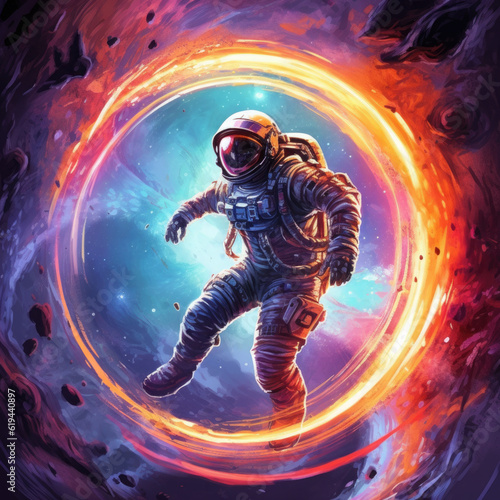 Soaring astronaut on a colored background. Digital art. Generative AI. © Cridmax