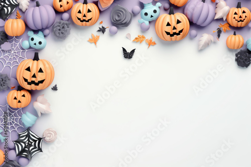 3D Halloween banner or party invitation background Full moon in orange sky, spiders web and witch cauldron.