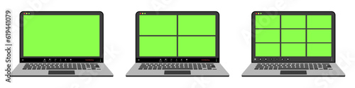 Videocall interfaces set, video call screen icons and UI template for laptop, vector overlay. Video conference or videocall online chat mockup with chromakey for laptop application