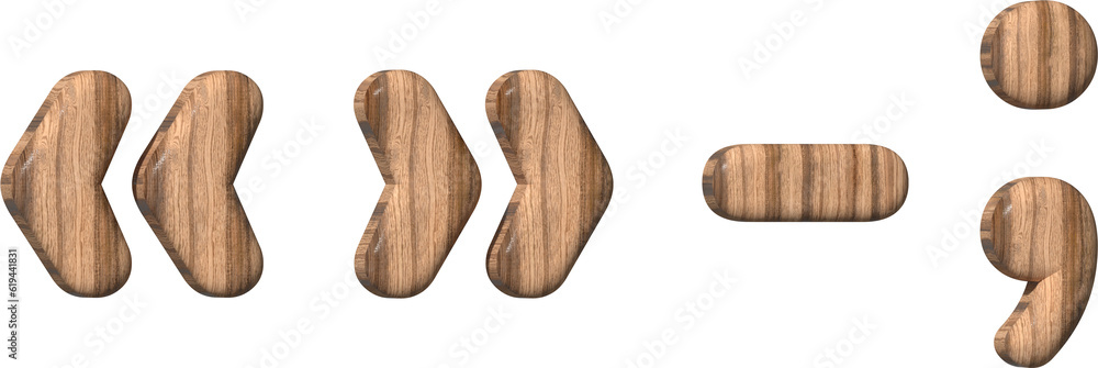 Wooden punctuation marks on a white background. 3d rendered with brown wood texture. 3d illustration. Wooden punctuation marks on a white background. 3d rendered with brown wood texture. 3d illustration.