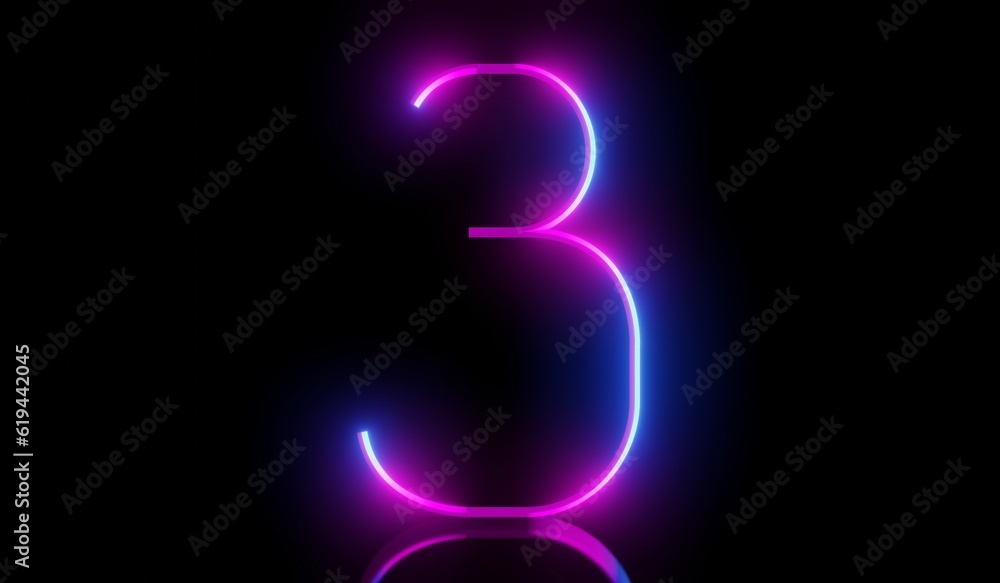 Naklejka premium 3 - ultraviolet neon number on black background - 3D illustration