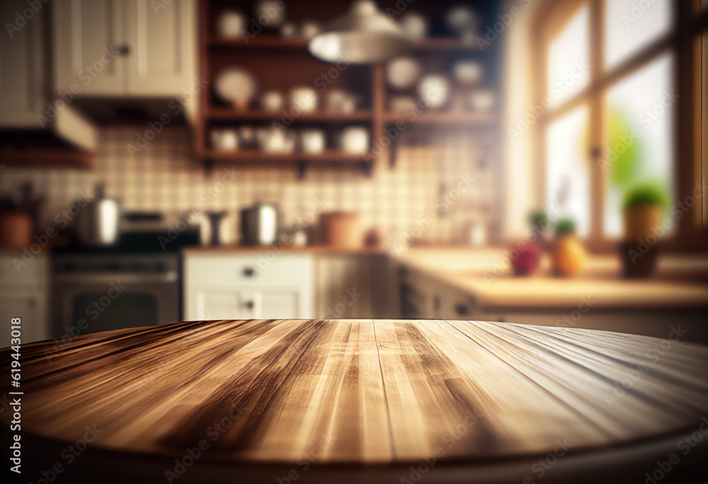 Empty wooden table top with lights bokeh on blur restaurant background. High quality photo