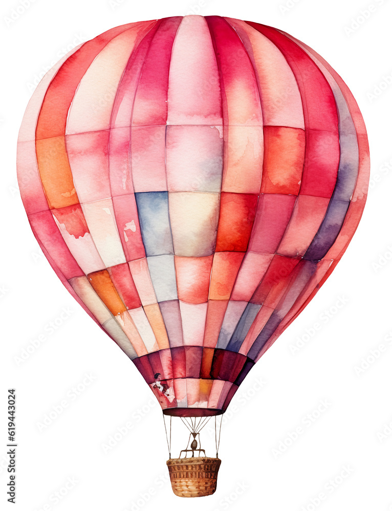 Obraz premium Watercolor illustration of a pink hot air balloon. Ai illustration. Transparent background, png