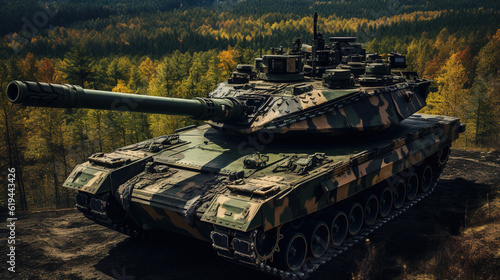 A camouflage tank stands on the ground against a forest backdrop, created with Generative AI