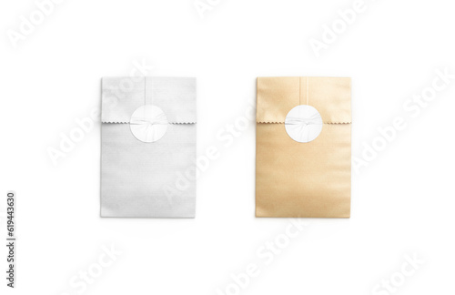 Blank white and craft rectangle paper bag with sticker mockup