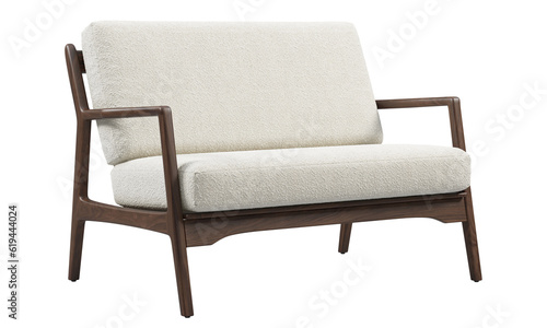 Midcentury boucle fabric upholstery loveseat sofa with wooden base. 3d render