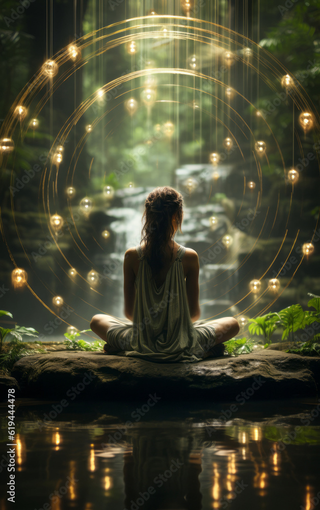 Awakening through mystical meditation. A woman in lotus pose in the forest, practicing yoga and mindfulness exercises until reaching nirvana - Generative AI