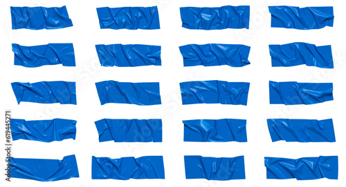 Blue wrinkled adhesive tape isolated on white background. Blue Sticky scotch tape of different sizes.