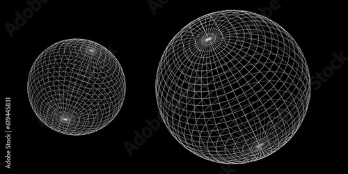 3D wireframe globe or sphere on black background, visualization of geography or navigation concept with latitude and longitude coordinates