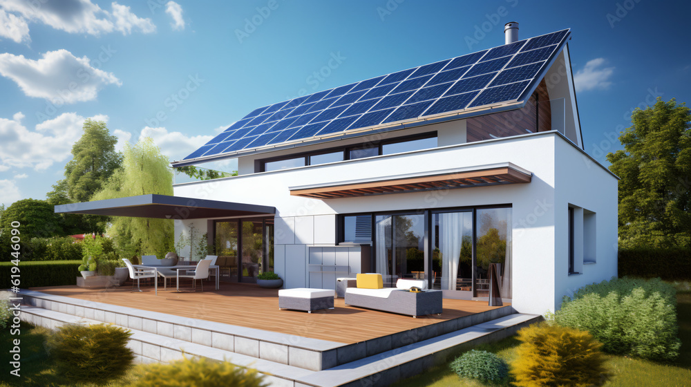 Sustainable Lifestyles: Solar Panel Roof Energy. Clean Power from the Sun for the Ecology.
Generative AI Sustainable Lifestyles: Solar Panel Roof Energy. Clean Power from the Sun for the Ecology.
Generative AI