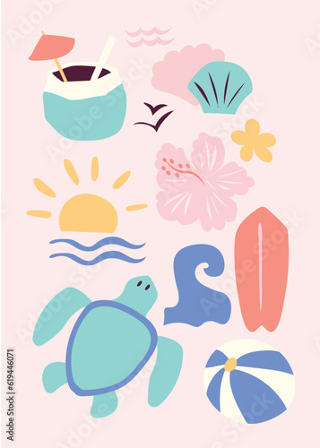 Summer vibe cute soft colorful sticker drawing illustration
