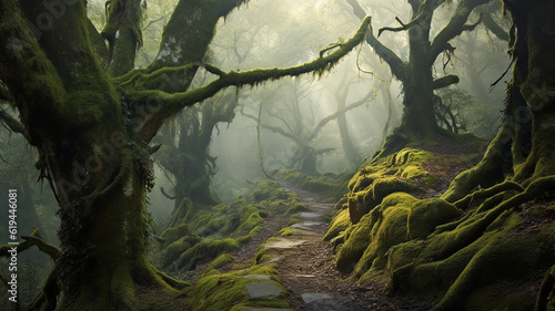 landscape fog in the old forest huge trees covered with moss mystical view. Generative AI