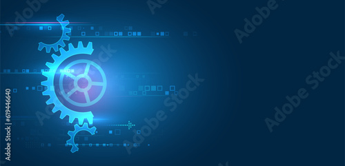 Digital technologies, data transfer. Futuristic particle motion design. For website and presentations. Abstract blue background consisting of gears and horizontal lines.