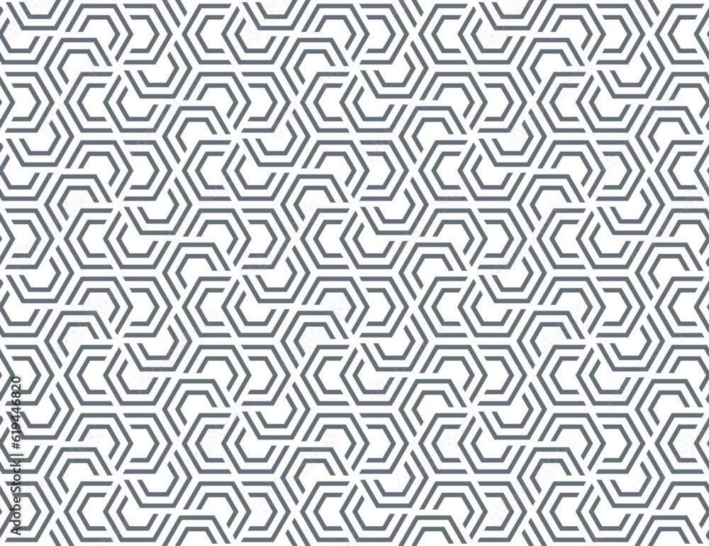 Vector  geometric seamless pattern with hexagon shape and striped lined in grey and white color.