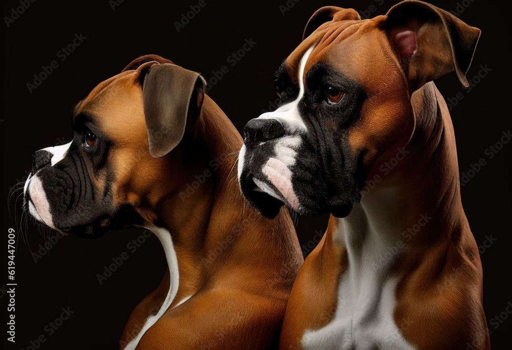 Two beautiful german boxer dogs posing on black background isolated. High quality photo