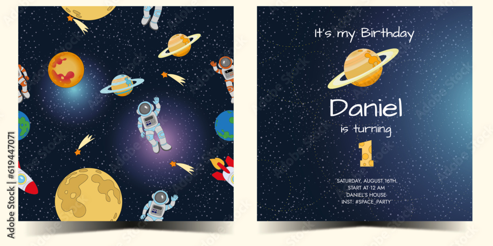 2 in 1. Birthday card invitation for 1 year. And the seamless pattern