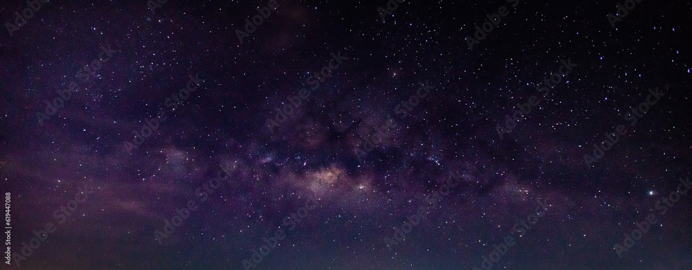 Panorama blue night sky milky way and star on dark background.Universe filled with stars, nebula and galaxy with noise and grain.Photo by long exposure and select white balance.Dark night sky. - obrazy, fototapety, plakaty 
