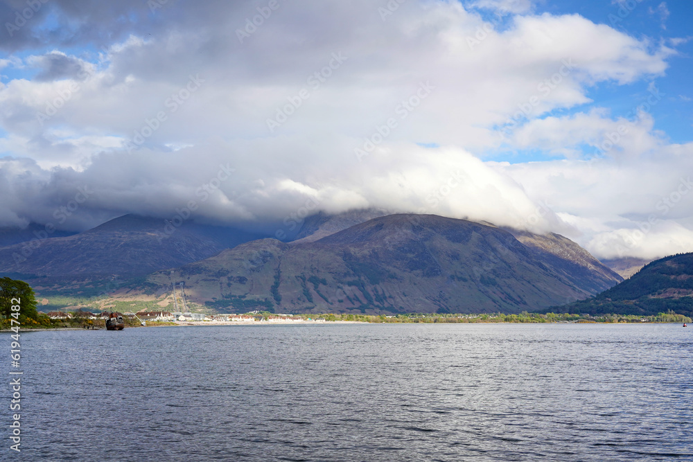 Ben Nevis mountain top seen from Corpach in Scotland. It is the highest mountain in the UK
