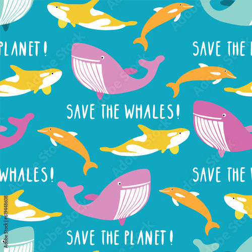 Save the whales Save the planet blue pink yellow