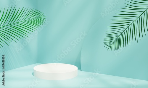white podium on pastel blue background with palm leaves and sunlight elements  3D rendering illustration