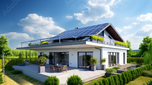 Sustainable Lifestyles: Solar Panel Roof Energy. Clean Power from the Sun for the Ecology. Generative AI © Nico Vincentini