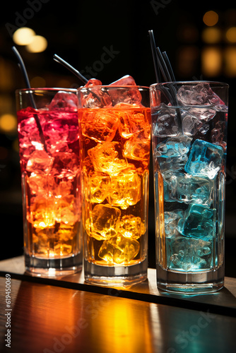 Four colorful glowing ice cubes in a glass. AI generative