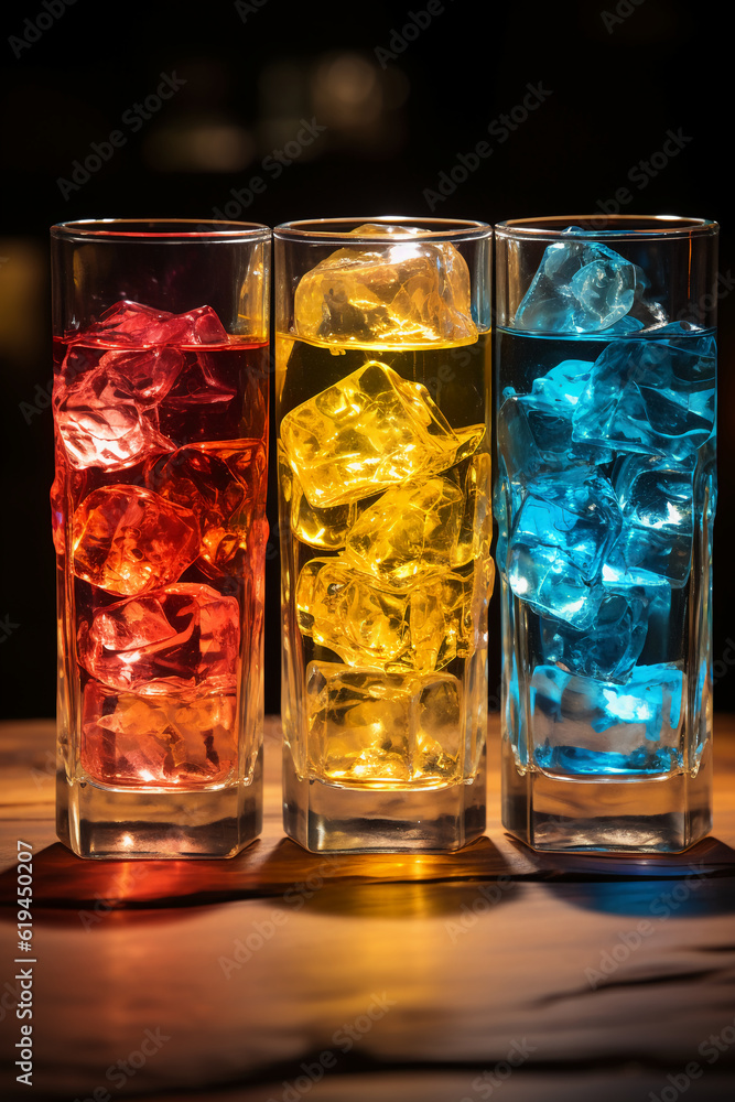 Four colorful glowing ice cubes in a glass. AI generative Four colorful glowing ice cubes in a glass. AI generative