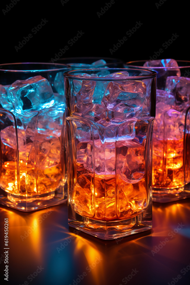 Four colorful glowing ice cubes in a glass. AI generative Four colorful glowing ice cubes in a glass. AI generative