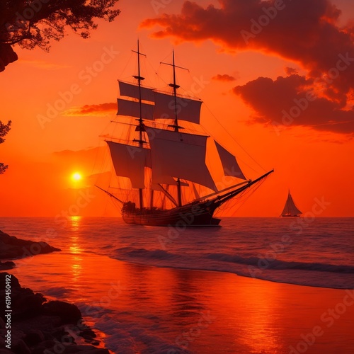 A sailing ship in a magical view at sunset