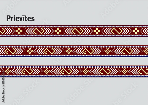 Latvian ornaments - Garters. A symbol of Latvian traditions made of red, white and yellow fabric. An old Latvian symbol. Illustration photo