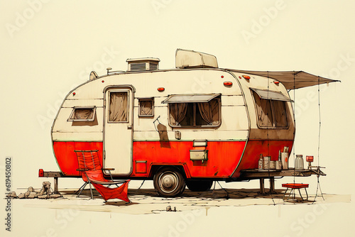 Normads caravan, funny van life, pencil illustration . Ai generative