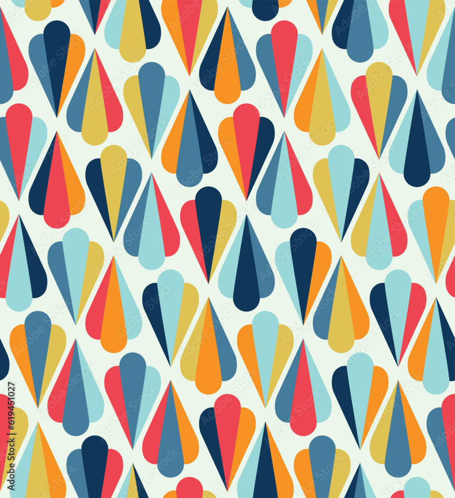Retro style geometric motif with triangle shape multicolor elements on a white background. Vintage design. Seamless repeating pattern. Vector illustration for textile, fabric, wrapping, and print. Retro style geometric motif with triangle shape multicolor elements on a white background. Vintage design. Seamless repeating pattern. Vector illustration for textile, fabric, wrapping, and print.